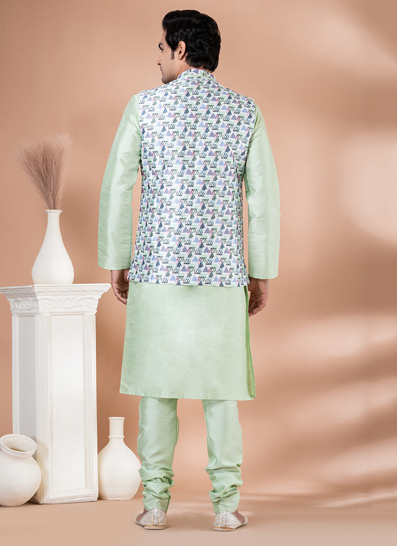 Silk Lime Green Wedding Wear Embroidery Work Readymade Modi Jacket Kurta Pajama