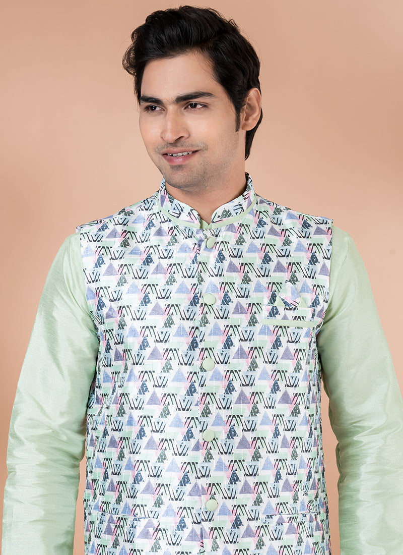 Silk Lime Green Wedding Wear Embroidery Work Readymade Modi Jacket Kurta Pajama