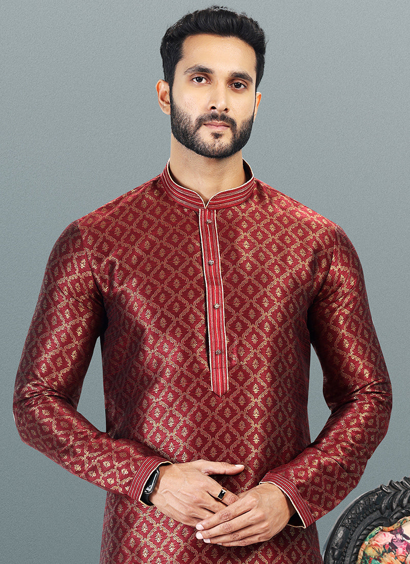MAROON Banarasi Silk Festival Wear Jacquard Kurta Pajama