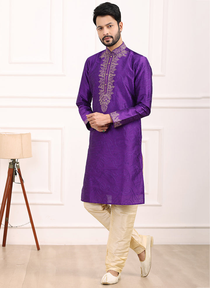 Magenta Art Banarasi Silk Festival Wear Thread Work Kurta Pajama