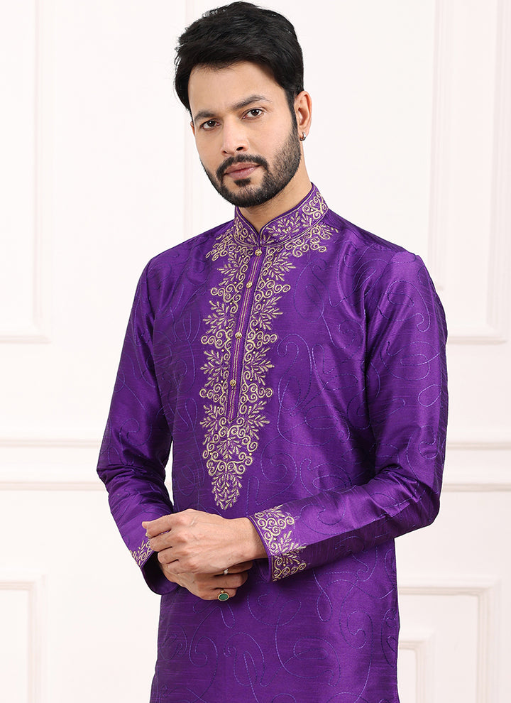 Magenta Art Banarasi Silk Festival Wear Thread Work Kurta Pajama