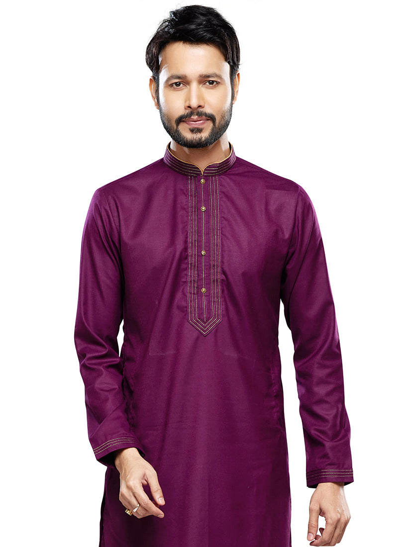 Magenta Art Silk Party Wear Thread Work Readymade Mens Kurta Pajama