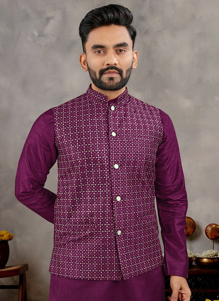 Banglori Silk Magenta Ceremonial Wear Sequins Work Readymade Modi Jacket Kurta Pajama