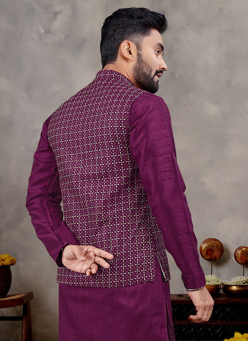 Banglori Silk Magenta Ceremonial Wear Sequins Work Readymade Modi Jacket Kurta Pajama