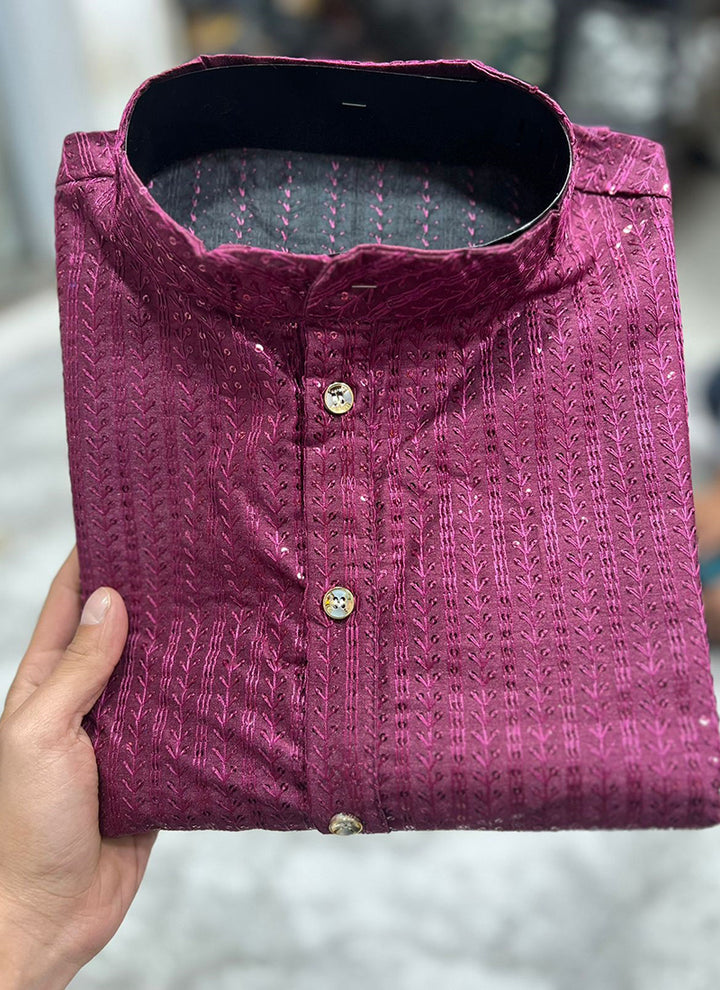 Banglori Silk Magenta Traditional Wear Embroidery Work Readymade Kurta Pyjama