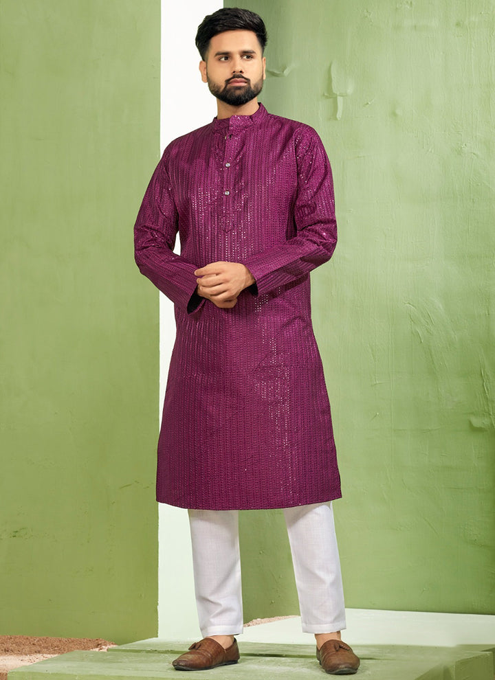 Banglori Silk Magenta Traditional Wear Embroidery Work Readymade Kurta Pyjama