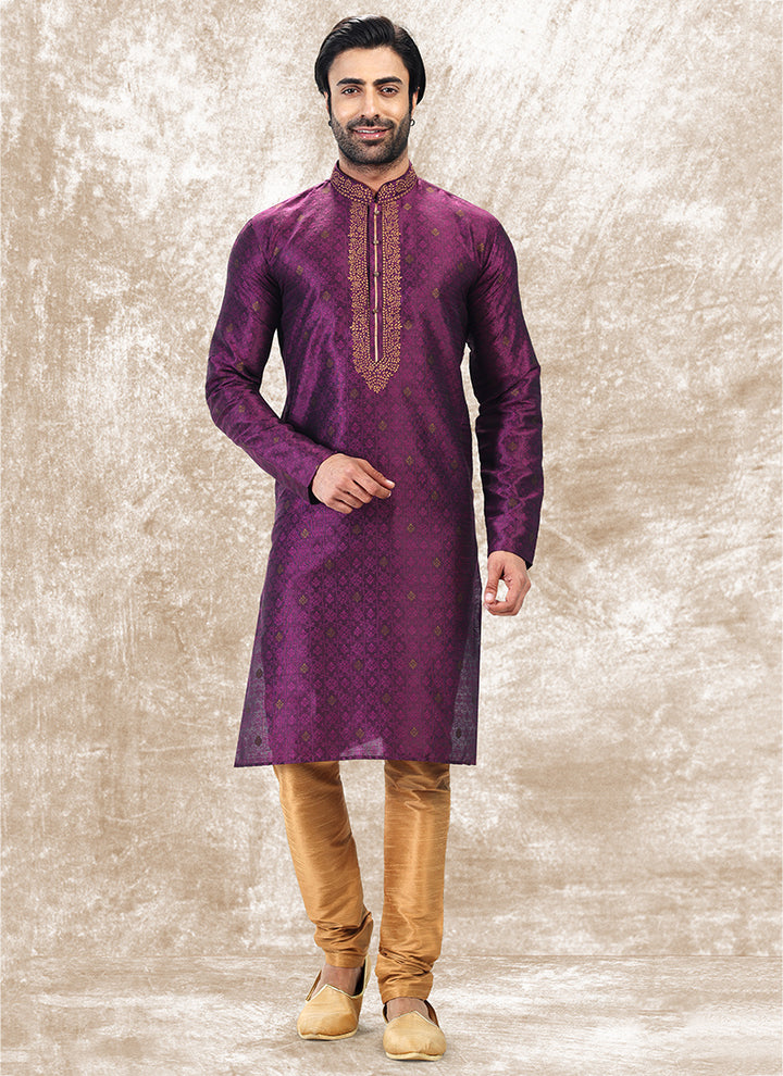 Magenta Jacquard Brocade Silk Traditional Wear Thread Work Kurta Pajama
