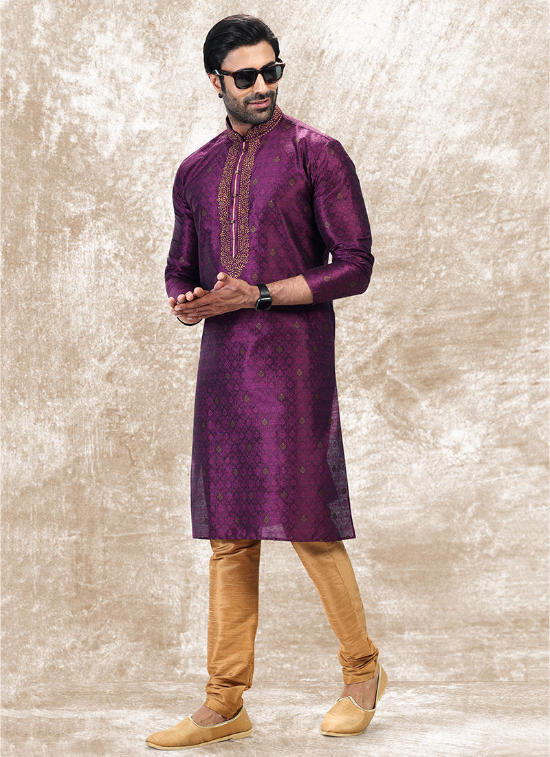 Magenta Jacquard Brocade Silk Traditional Wear Thread Work Kurta Pajama