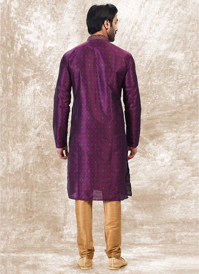 Magenta Jacquard Brocade Silk Traditional Wear Thread Work Kurta Pajama
