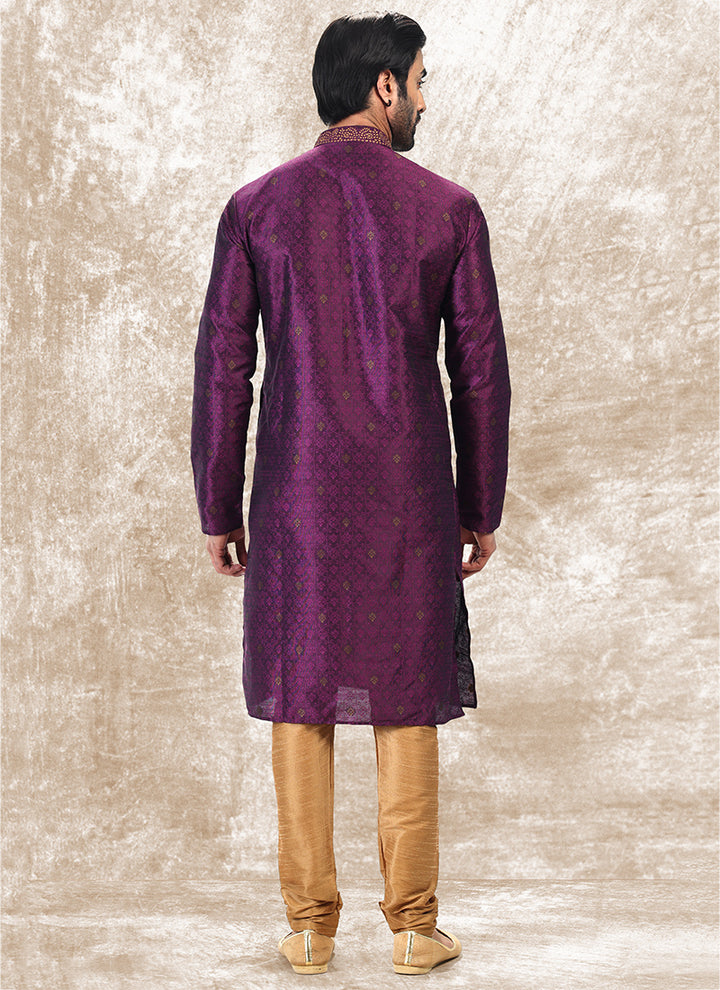 Magenta Jacquard Brocade Silk Traditional Wear Thread Work Kurta Pajama