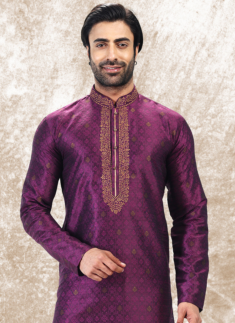 Magenta Jacquard Brocade Silk Traditional Wear Thread Work Kurta Pajama