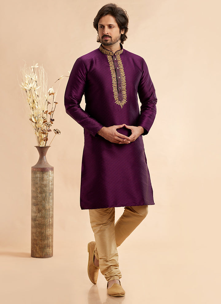 Jacquard Art Silk Magenta Festival Wear Machine Work Readymade Kurta Pajama