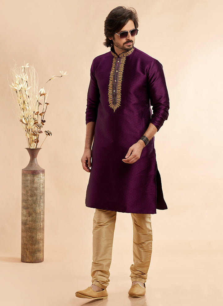 Jacquard Art Silk Magenta Festival Wear Machine Work Readymade Kurta Pajama
