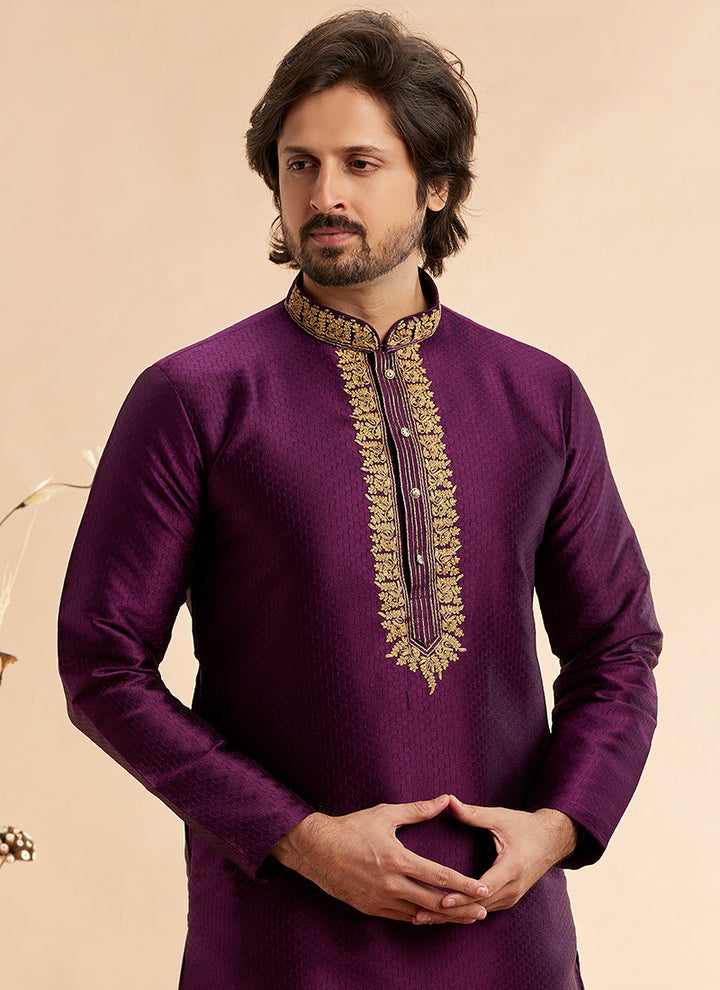 Jacquard Art Silk Magenta Festival Wear Machine Work Readymade Kurta Pajama