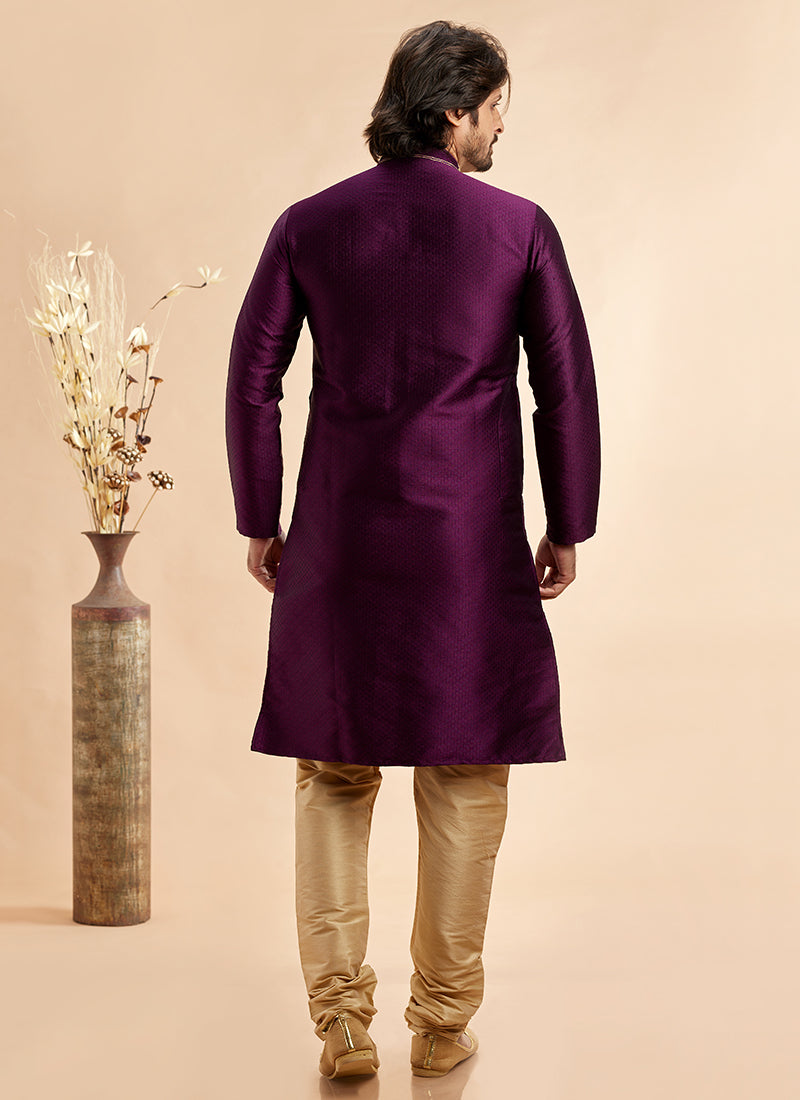 Jacquard Art Silk Magenta Festival Wear Machine Work Readymade Kurta Pajama