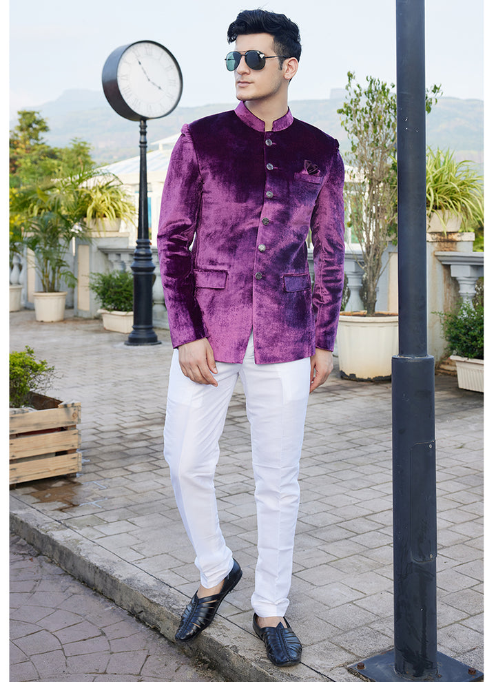 Velvet Magenta Party Wear Thread Work Readymade Jodhpuri Suit(Top Only)