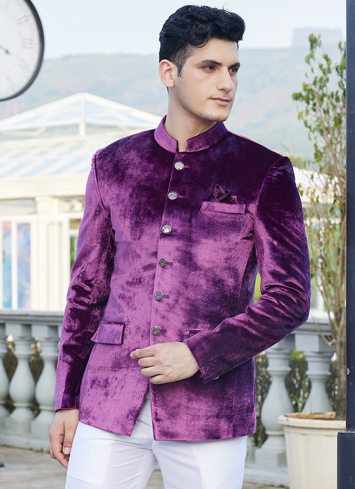 Velvet Magenta Party Wear Thread Work Readymade Jodhpuri Suit(Top Only)