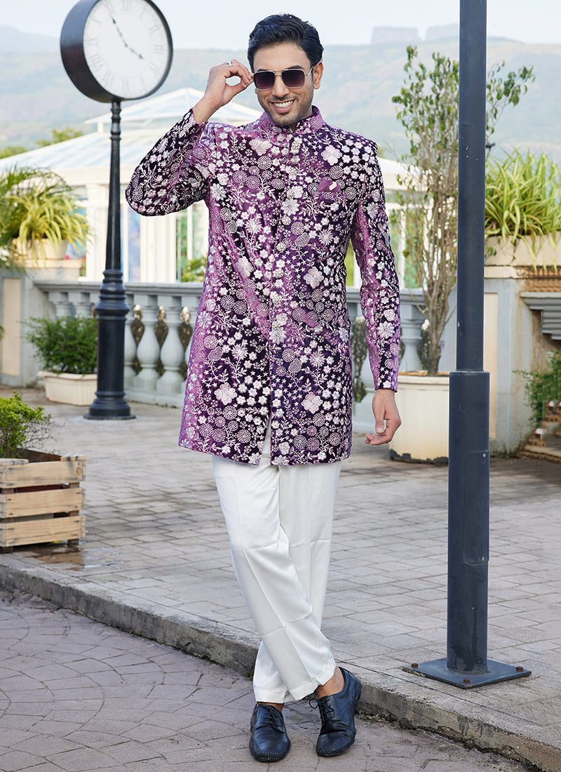 Velvet Magenta Wedding Wear Thread Work Readymade Jodhpuri Suit