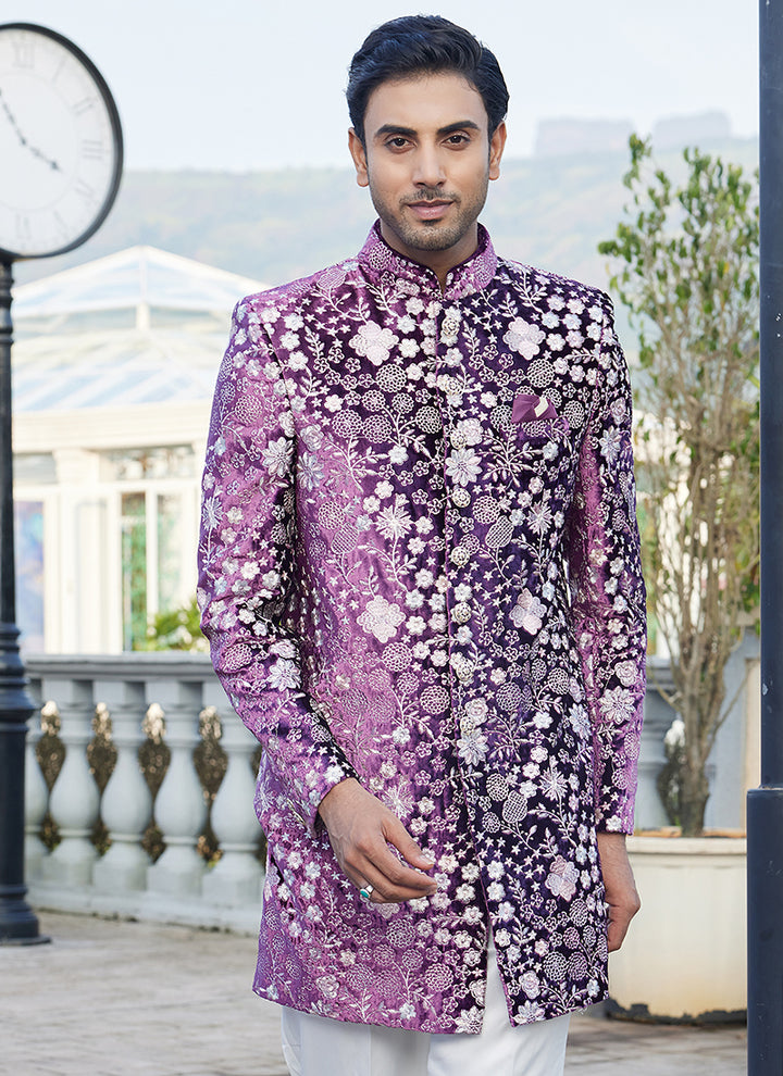 Velvet Magenta Wedding Wear Thread Work Readymade Jodhpuri Suit