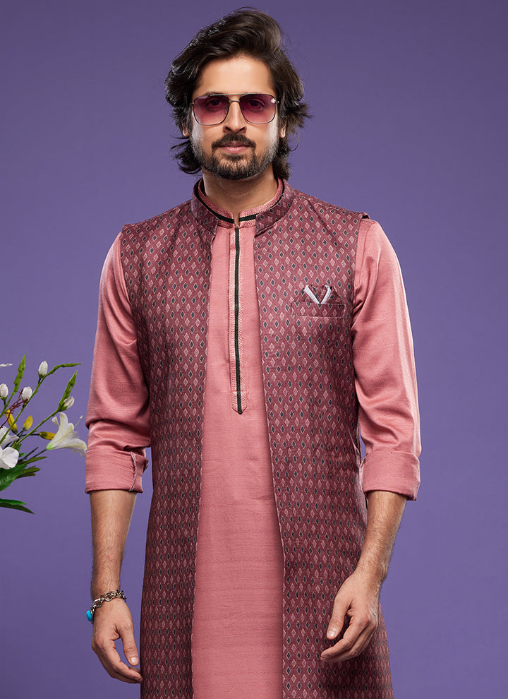 Maroon Art Banarasi Silk Festival Wear Digital Printed Kurta Pajama With Jacket