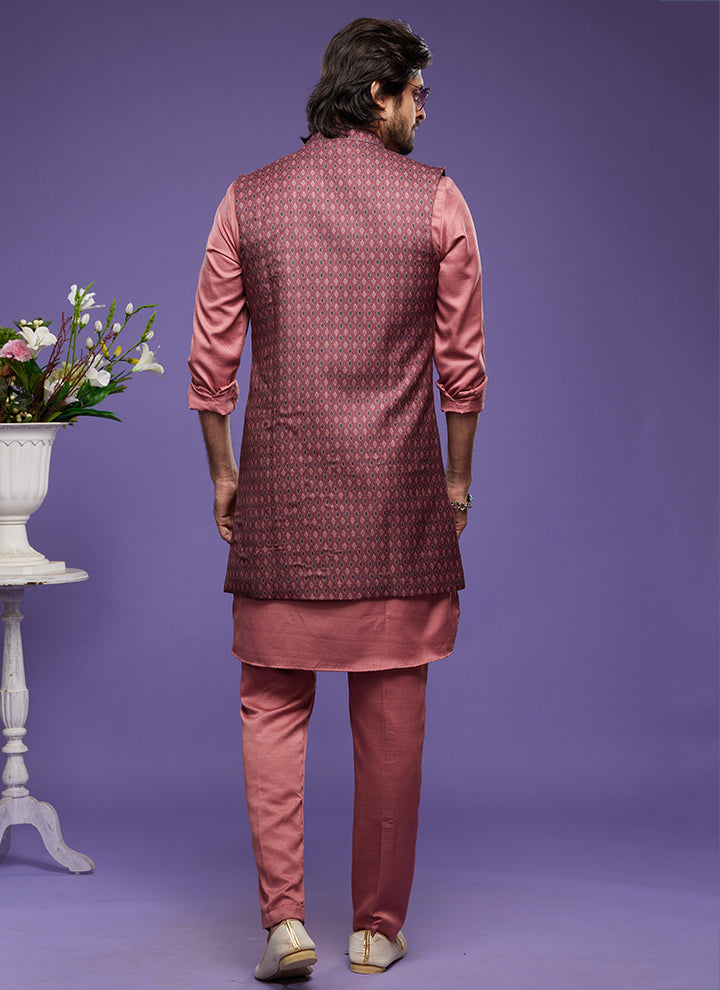 Maroon Art Banarasi Silk Festival Wear Digital Printed Kurta Pajama With Jacket