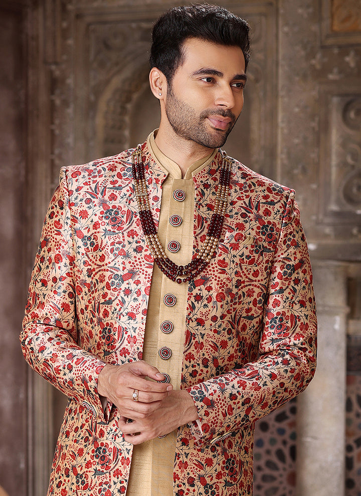 Maroon Art Silk Wedding Wear Thread Work Mens Indo Western