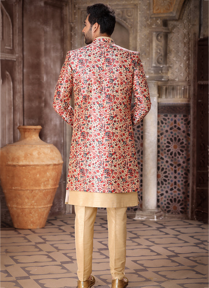 Maroon Art Silk Wedding Wear Thread Work Mens Indo Western