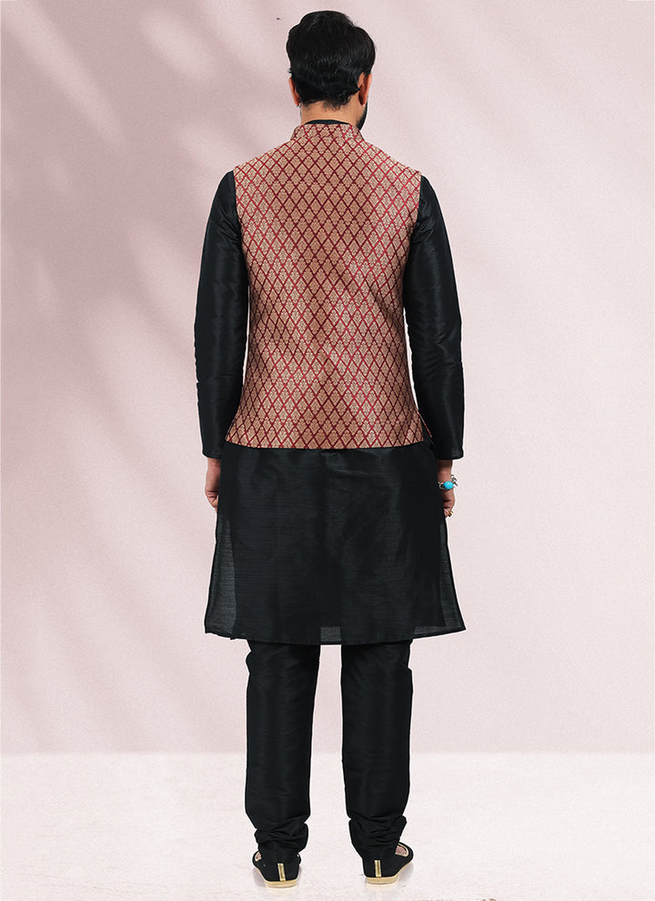 Maroon Banarasi Silk Festival Wear Jacquard Kurta Pajama With Jacket