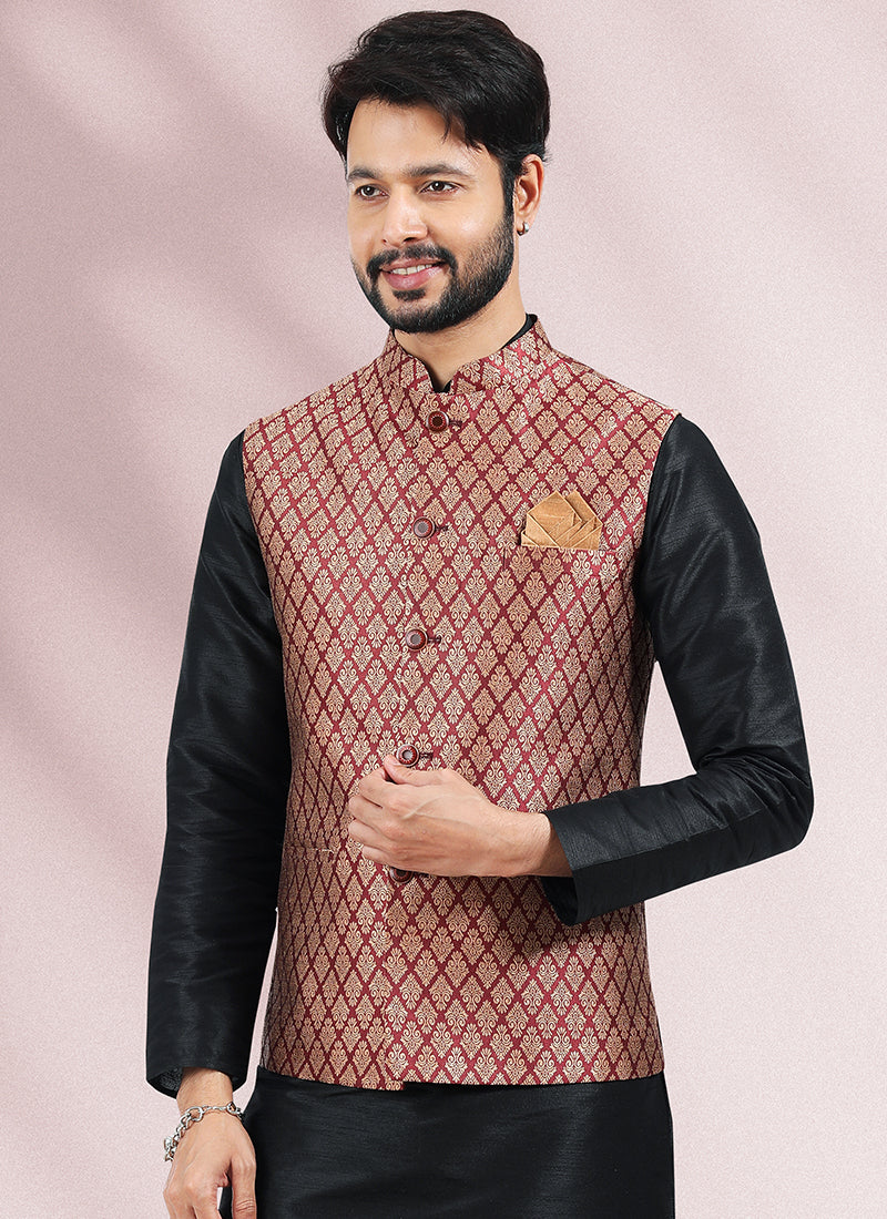 Maroon Banarasi Silk Festival Wear Jacquard Kurta Pajama With Jacket