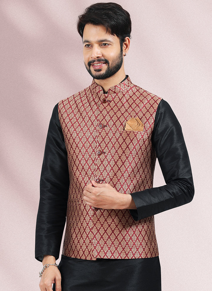 Maroon Banarasi Silk Festival Wear Jacquard Kurta Pajama With Jacket
