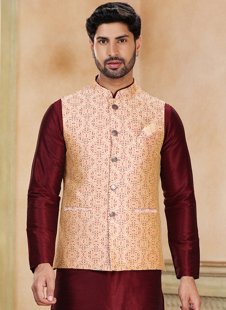 Maroon Banarasi Silk Traditional Wear Weaving Kurta Pajama With Jacket