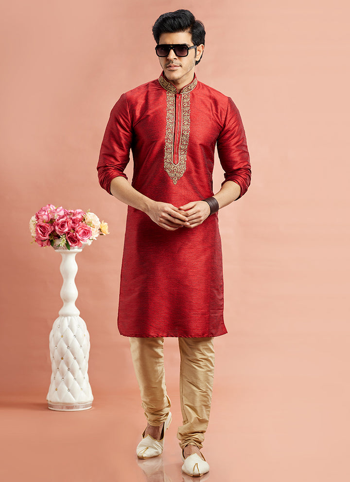 Banarasi Art Silk Maroon Festival Wear Machine Work Readymade Kurta Pajama