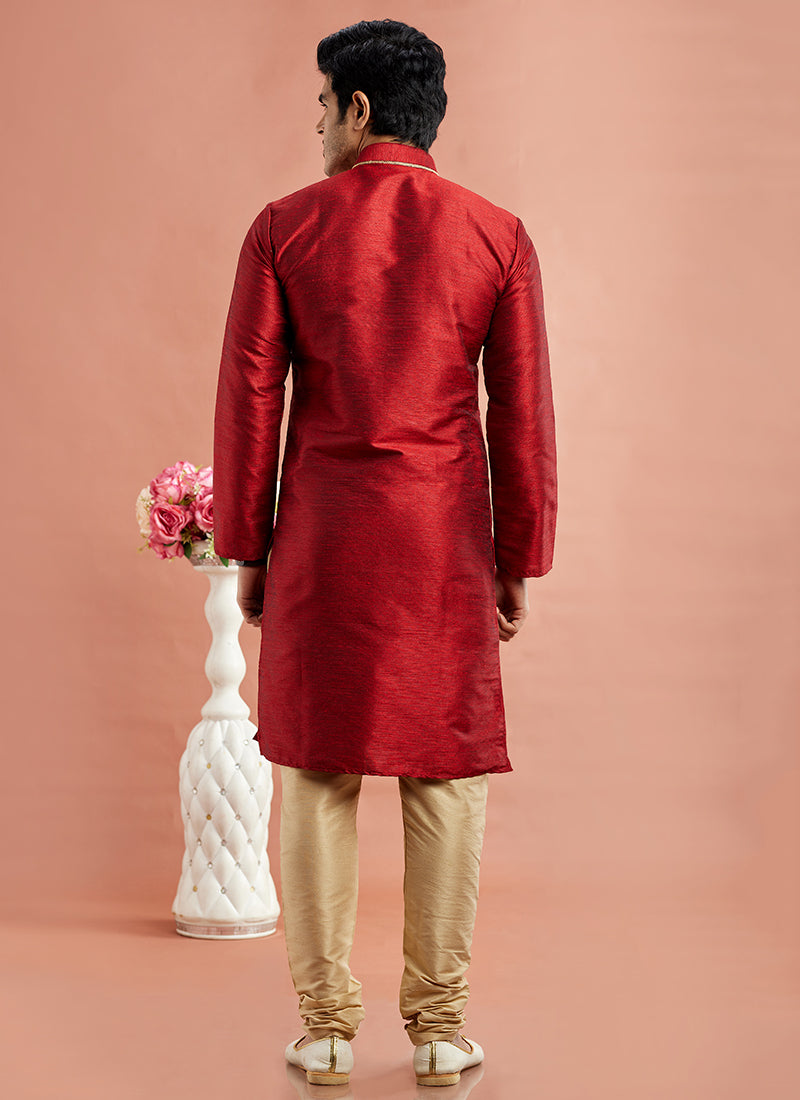 Banarasi Art Silk Maroon Festival Wear Machine Work Readymade Kurta Pajama