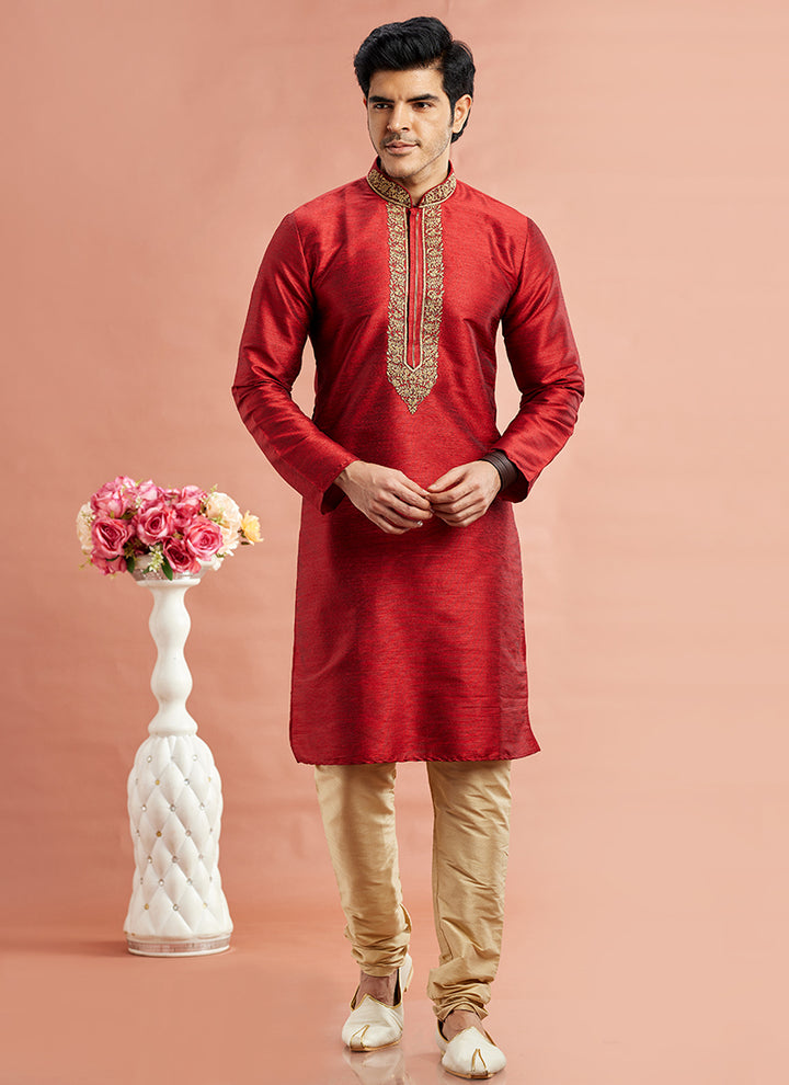 Banarasi Art Silk Maroon Festival Wear Machine Work Readymade Kurta Pajama