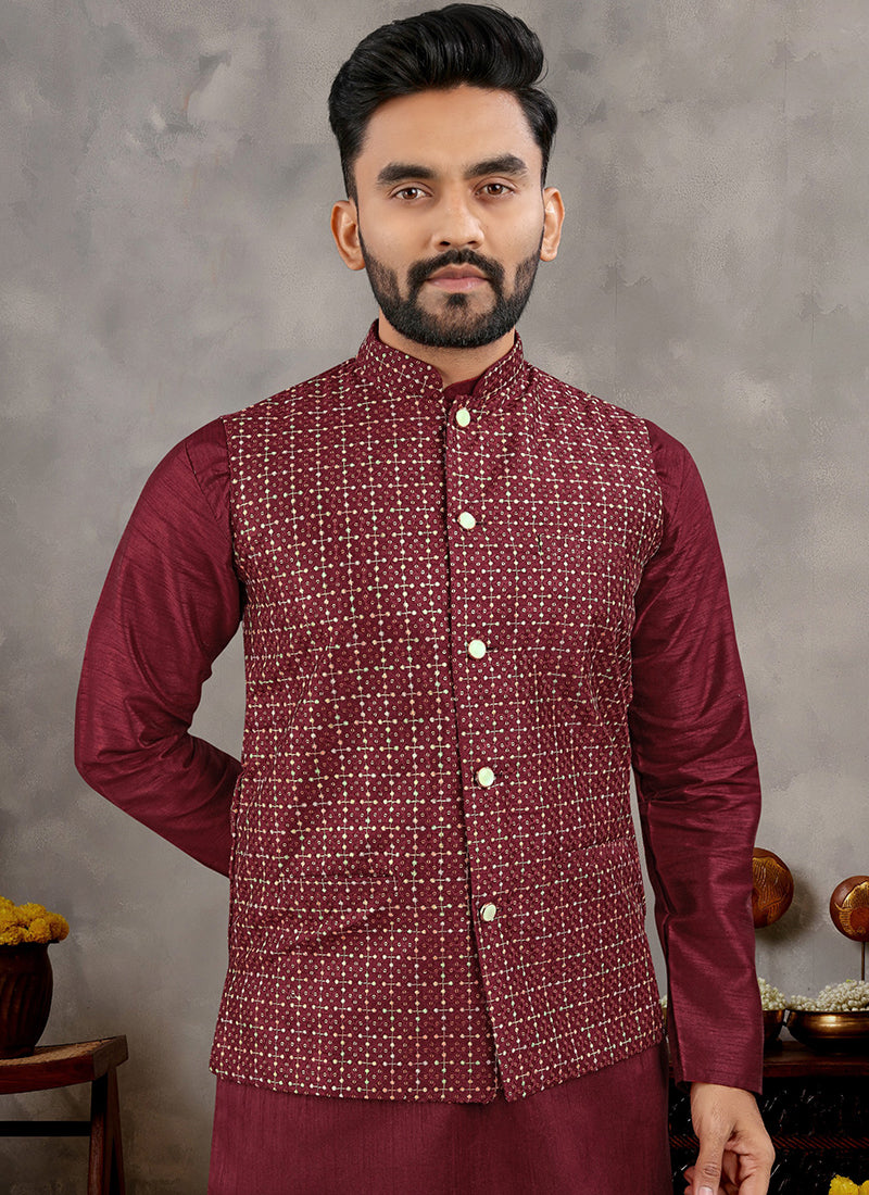 Banglori Silk Maroon Ceremonial Wear Sequins Work Readymade Modi Jacket Kurta Pajama