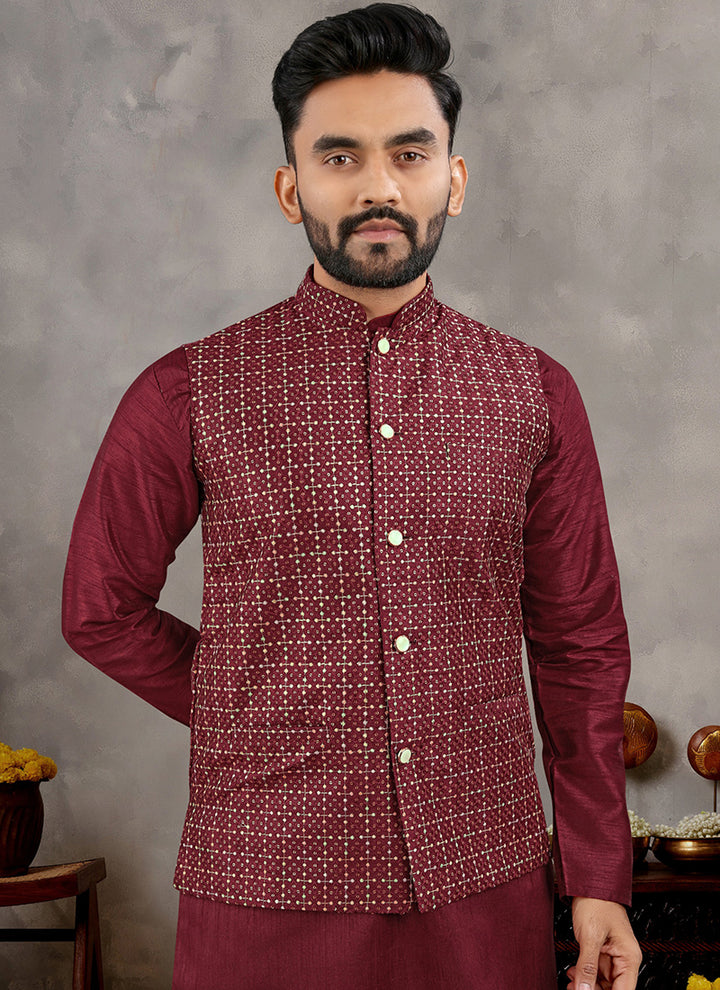 Banglori Silk Maroon Ceremonial Wear Sequins Work Readymade Modi Jacket Kurta Pajama
