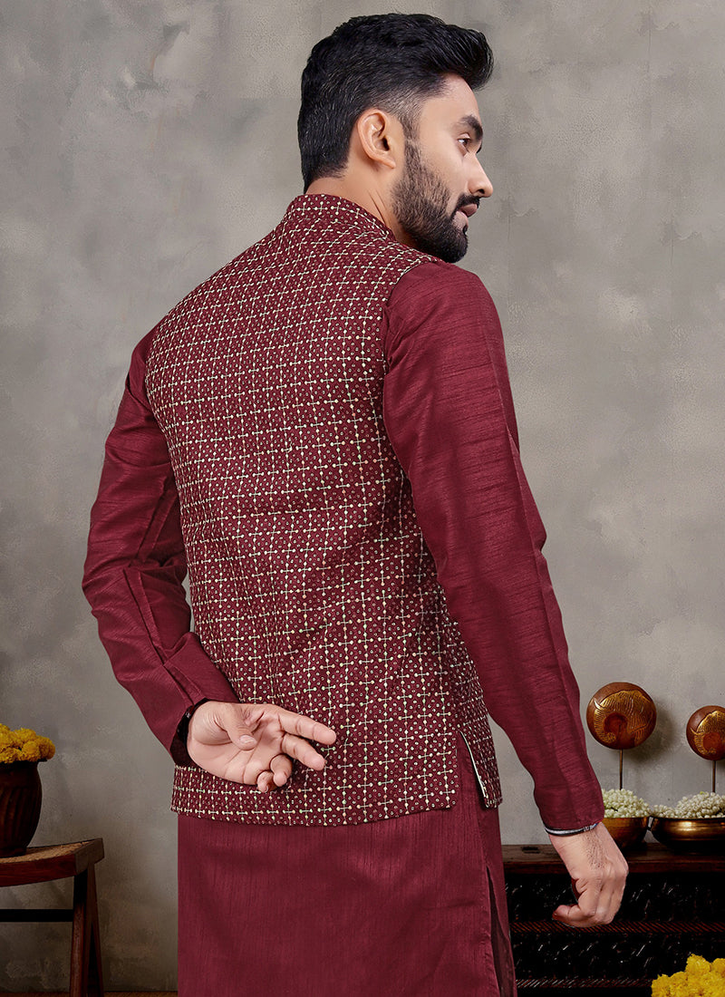 Banglori Silk Maroon Ceremonial Wear Sequins Work Readymade Modi Jacket Kurta Pajama