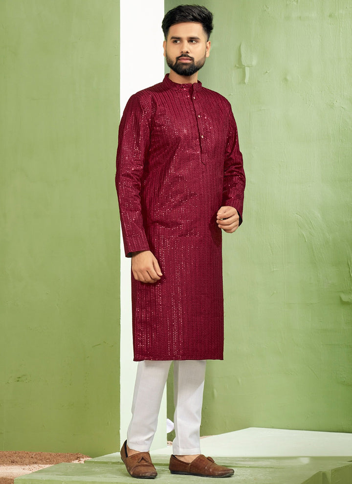 Banglori Silk Maroon Traditional Wear Embroidery Work Readymade Kurta Pyjama