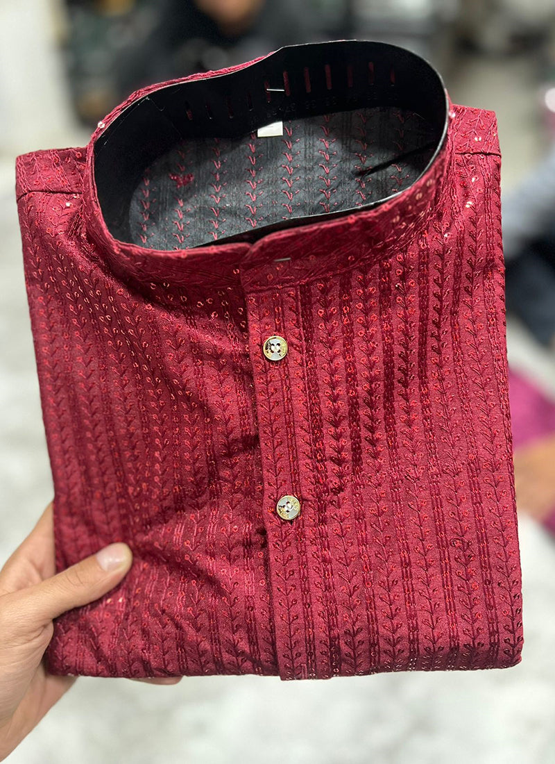 Banglori Silk Maroon Traditional Wear Embroidery Work Readymade Kurta Pyjama