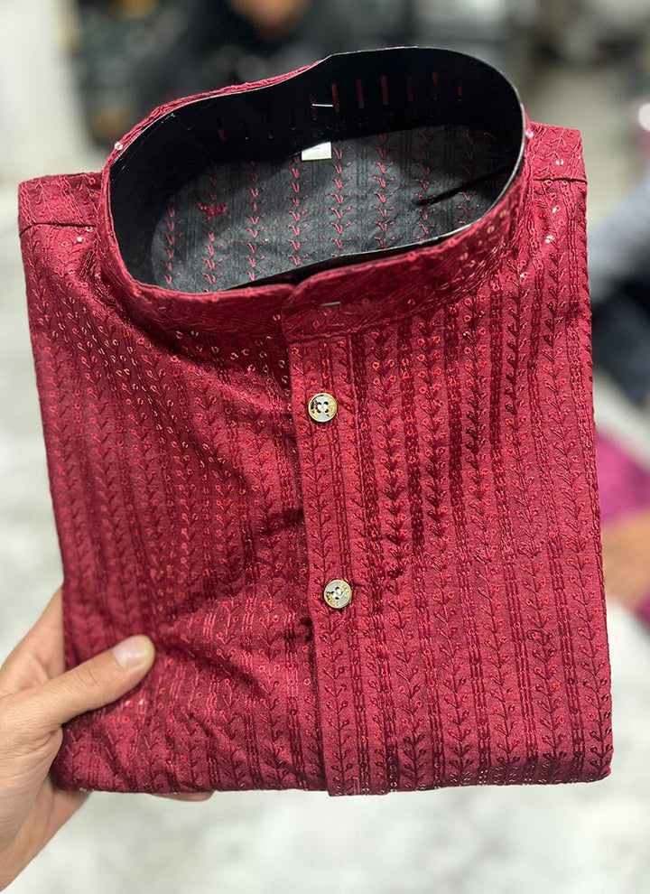 Banglori Silk Maroon Traditional Wear Embroidery Work Readymade Kurta Pyjama