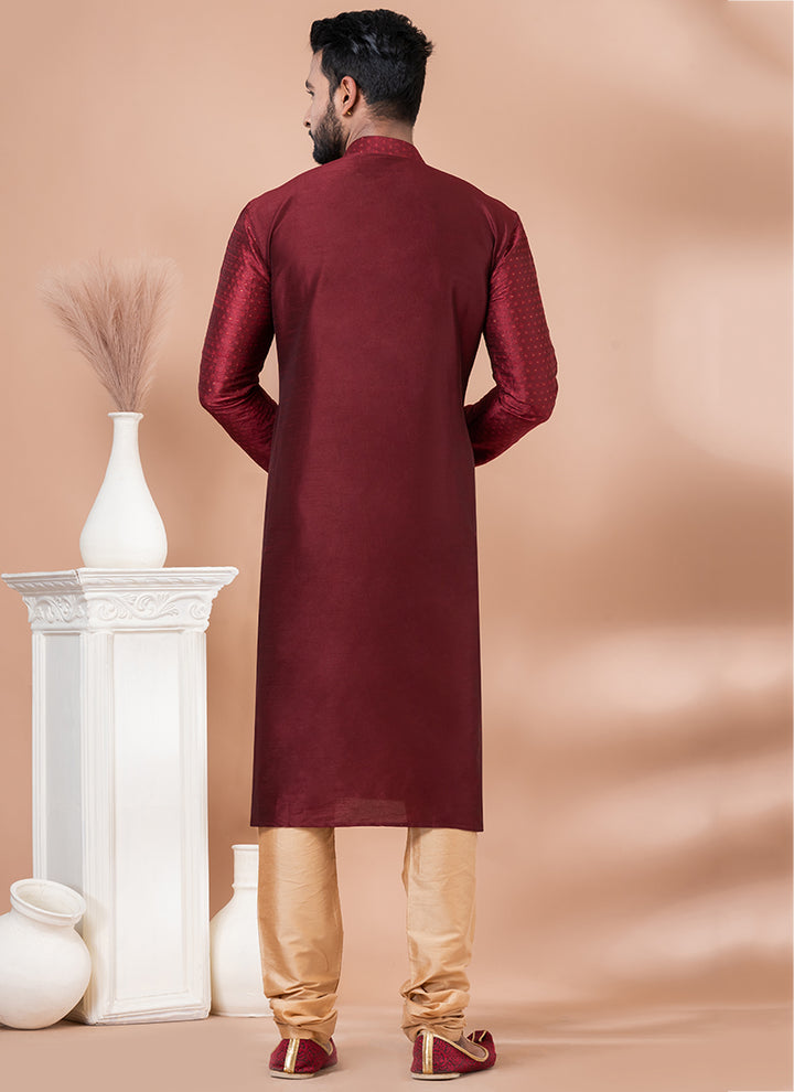 Ps Viscose Jacquard Maroon Traditional Wear Weaving Kurta Pajama