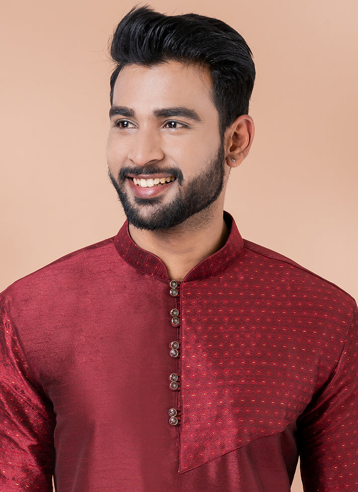 Ps Viscose Jacquard Maroon Traditional Wear Weaving Kurta Pajama