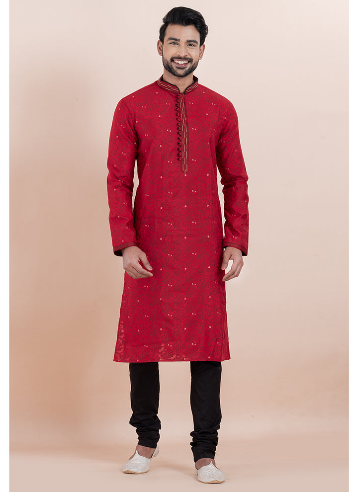 Silk Maroon Ceremonial Wear Jacquard Work Readymade Kurta Pajama