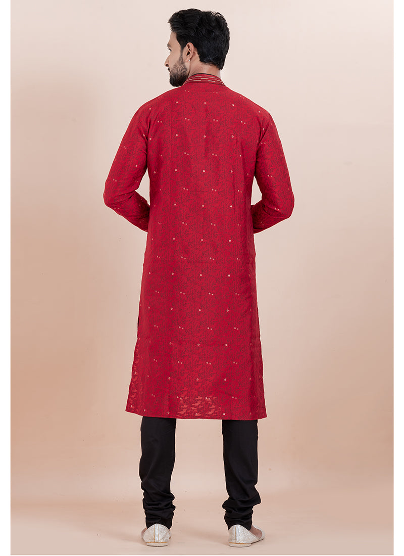 Silk Maroon Ceremonial Wear Jacquard Work Readymade Kurta Pajama