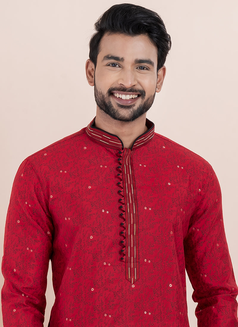 Silk Maroon Ceremonial Wear Jacquard Work Readymade Kurta Pajama