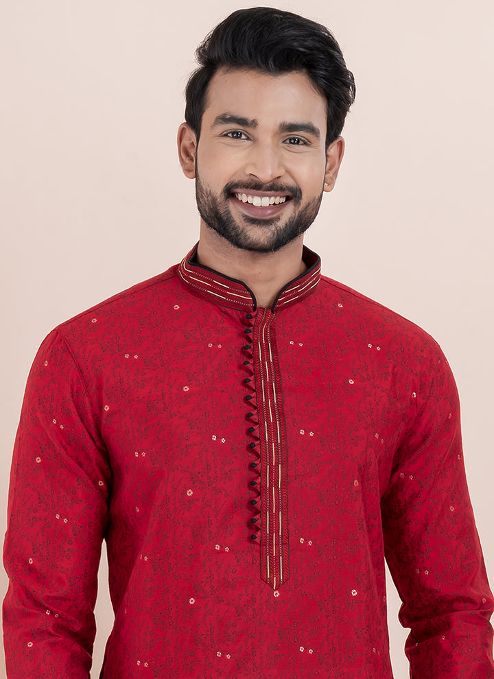 Silk Maroon Ceremonial Wear Jacquard Work Readymade Kurta Pajama