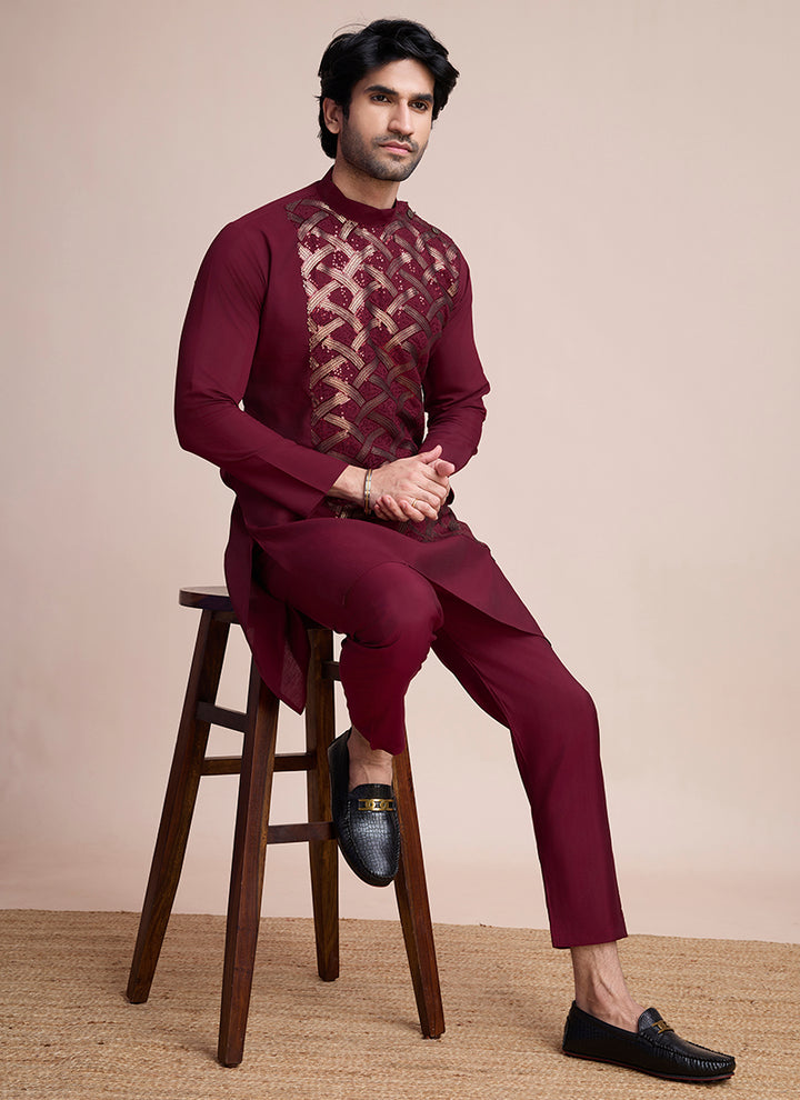 Silk Maroon Eid Wear Embroidery Work Readymade Kurta Pajama