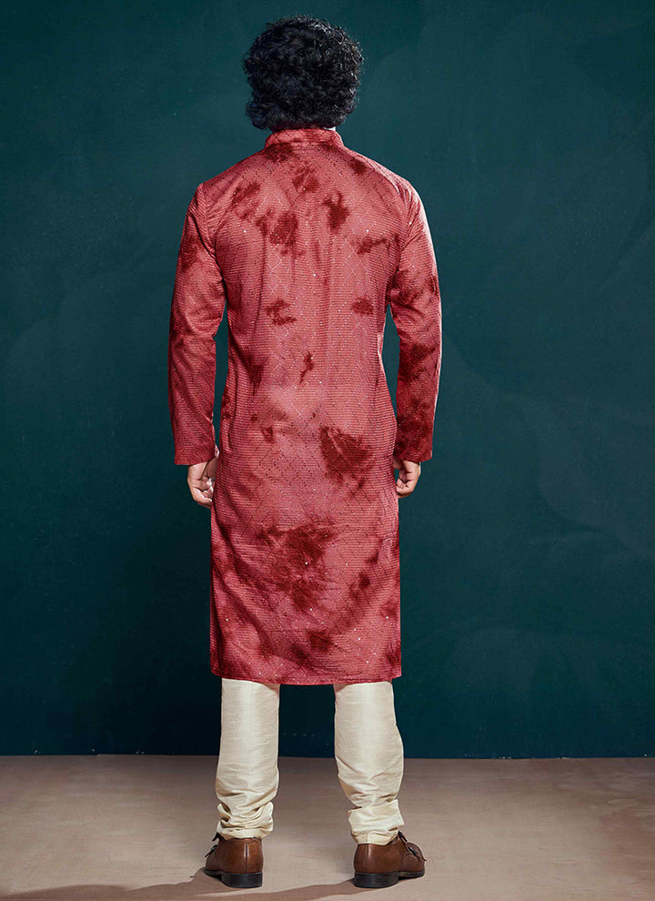 Viscose Maroon Eid Wear Embroidery Work Readymade Kurta Pajama