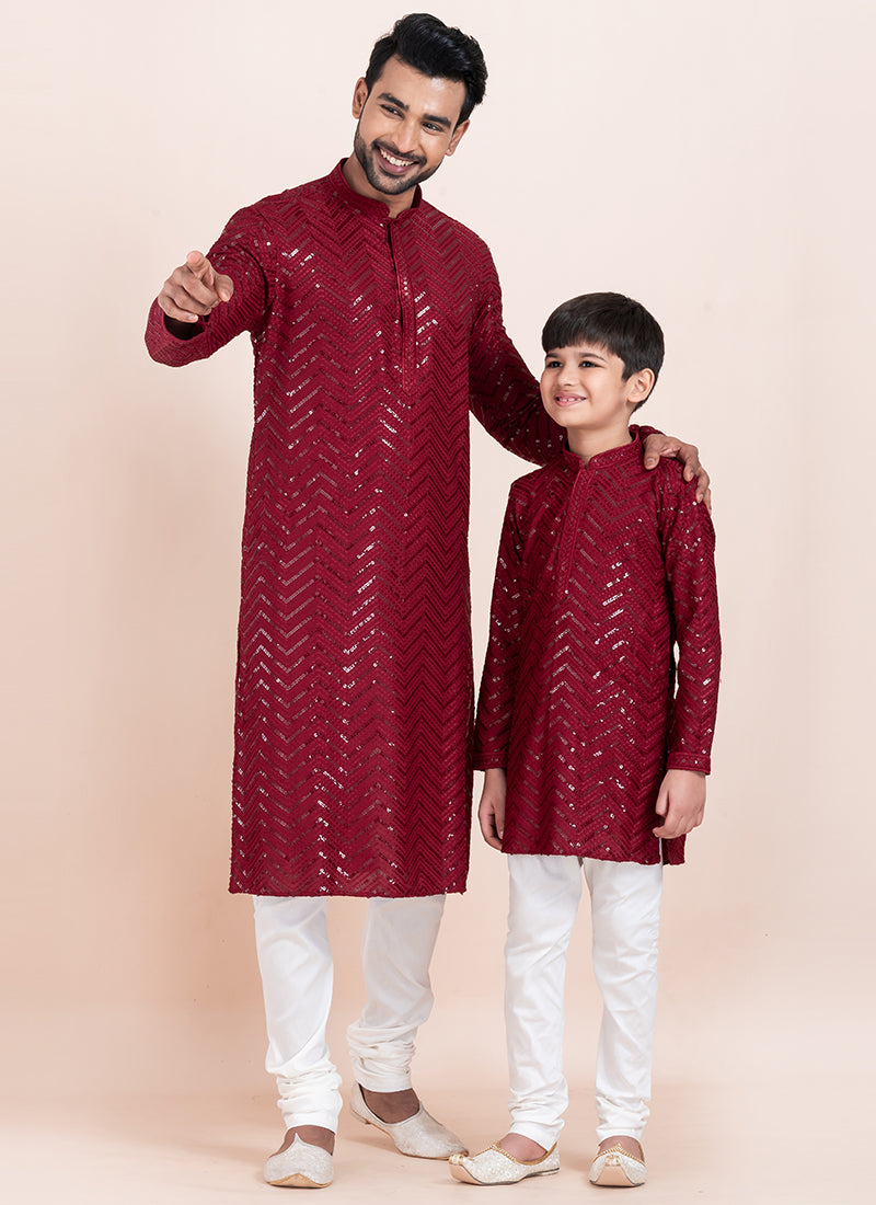 Viscose Rayon Maroon Eid Wear Sequins Work Readymade Father Son Combo Set