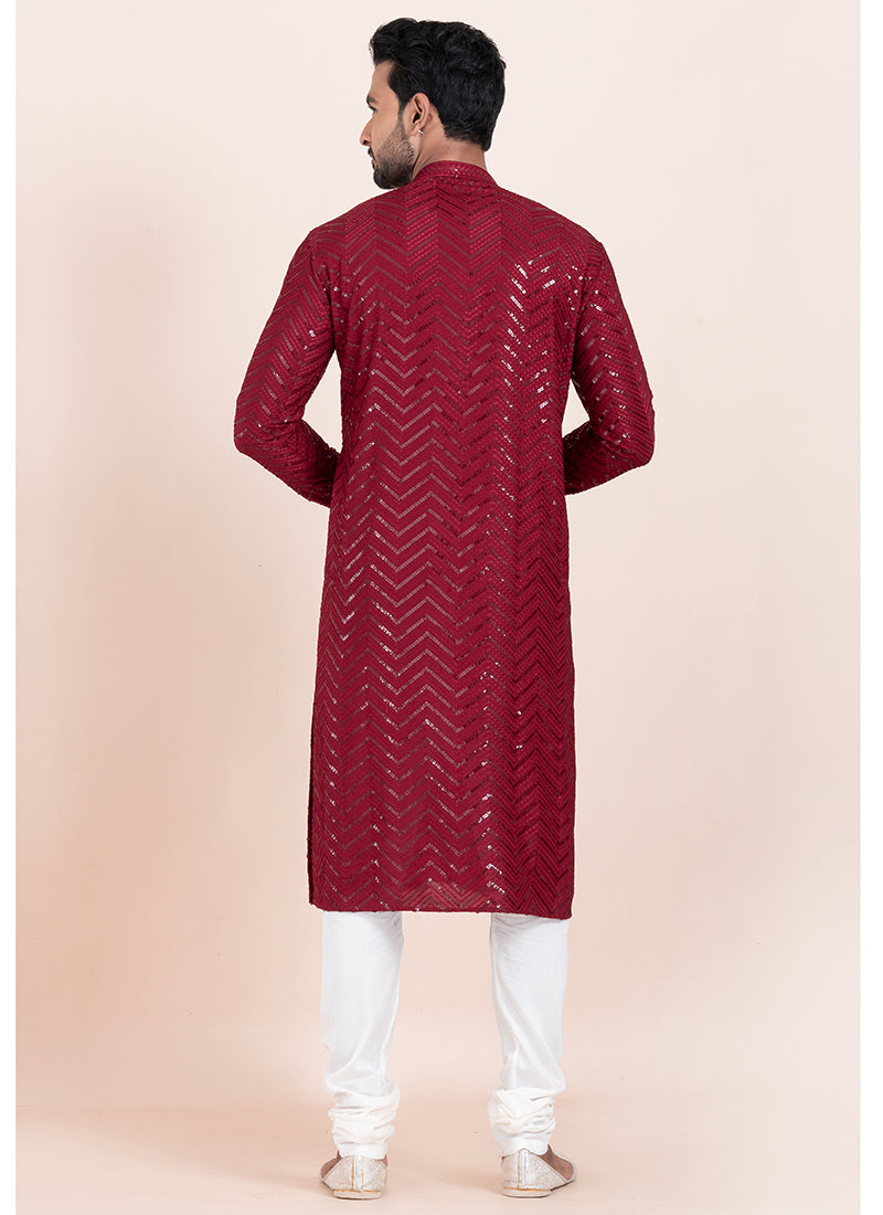 Viscose Rayon Maroon Eid Wear Sequins Work Readymade Kurta Pajama